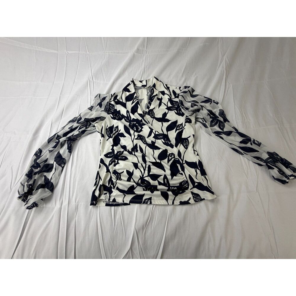 Women's White & Navy Blue Floral Rose Print Blouse with Sheer Sleeves